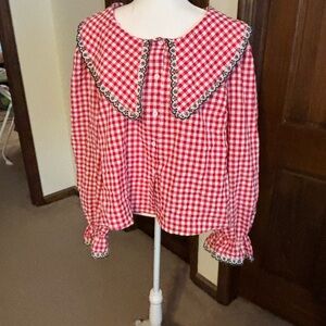 SHEIN Red Gingham Blouse with Black Trim